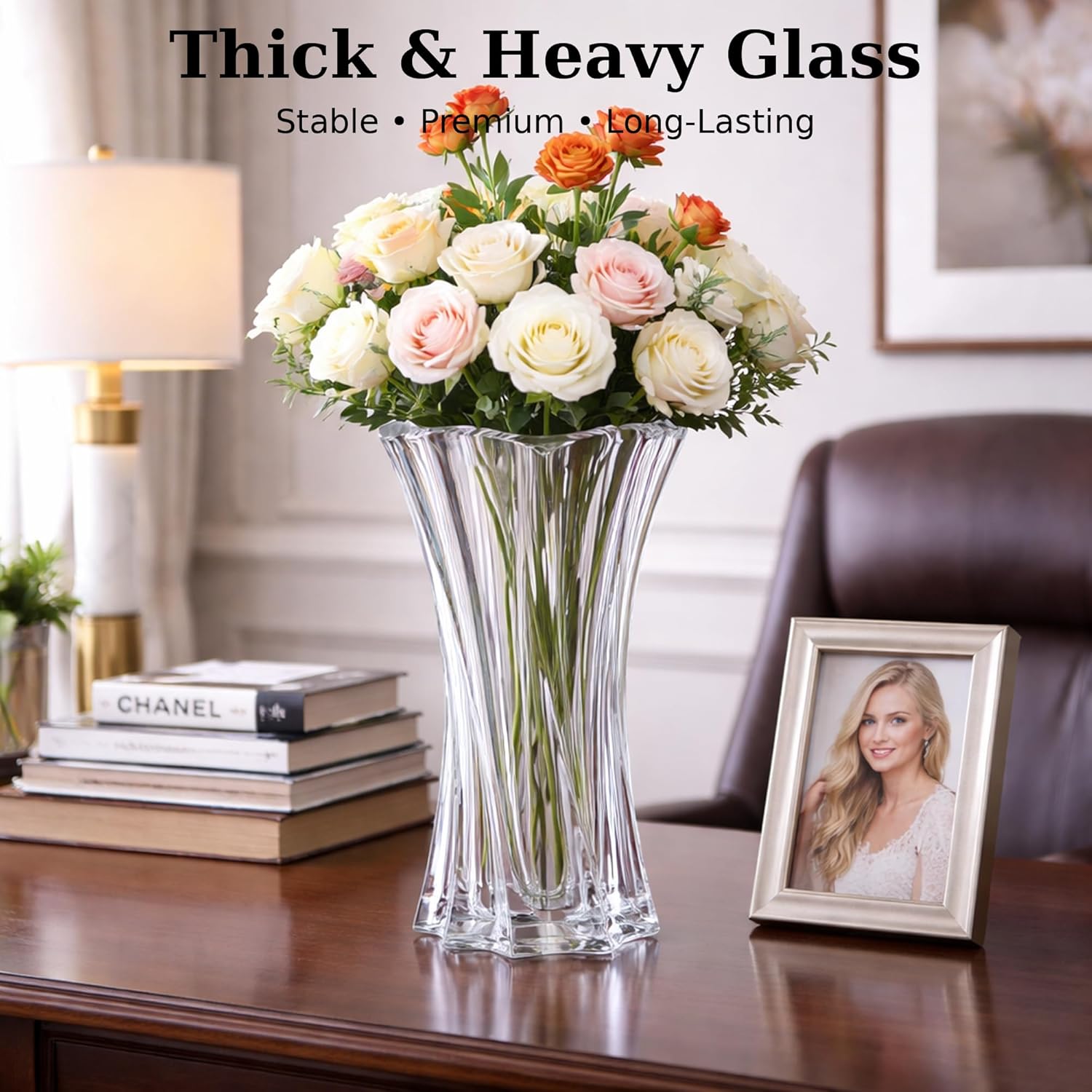 Crystal Glass Vase – Heavy Crystal Vase for Flowers with Weighted Bottom, Thick Durable Decorative Vases for Modern Home Decor, 9.8″ 3.5lb Clear Centerpiece (Transparent) - Image 2