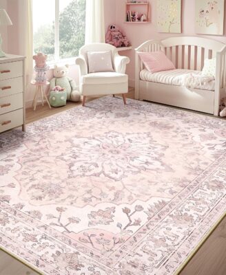 RELEANY Area Rugs 5'x7' Washable Non-Slip, Floral Vintage Distress Medallion Carpet for Living Room Bedroom Dining Room, Pink Greypink Cute