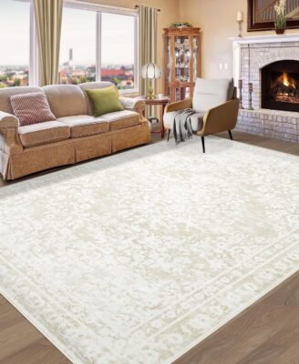 Aoyaomi Vintage Living Room Area Rug - 6x9 Large Machine Washable Boho Area Rug Distressed Floral Rugs for Bedroom, Soft Non-Slip Indoor Floor Accent Rugs for Office Dining Room (Cream Beige, 6'x9')