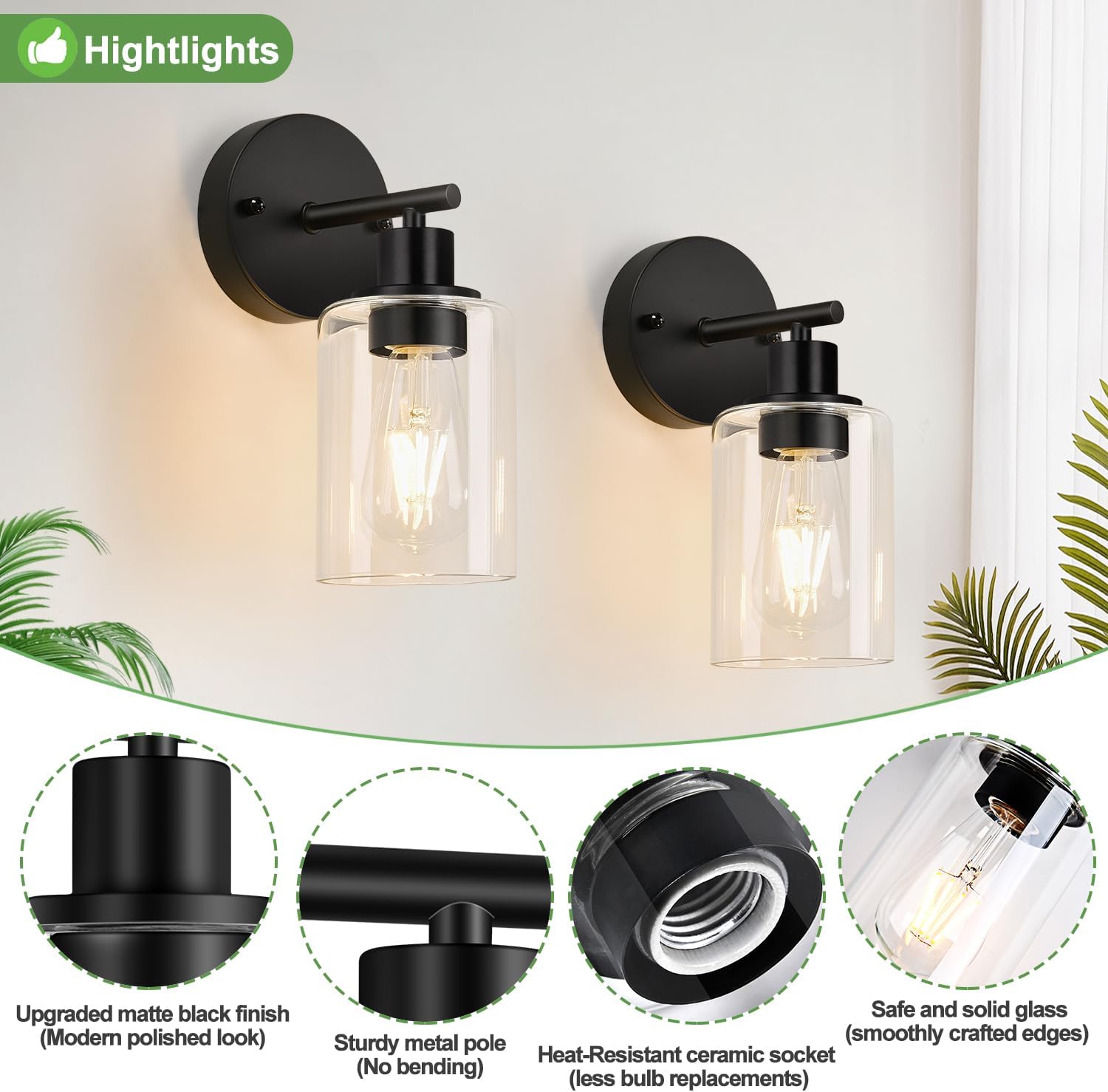 Zarbitta Set of 2 Wall Sconces for Bathroom,Black Modern Vanity Lights with Clear Glass Shade,Bathroom Wall Lamp for Mirror Kitchen Living Room Hallway Cabinet Porch - Image 4