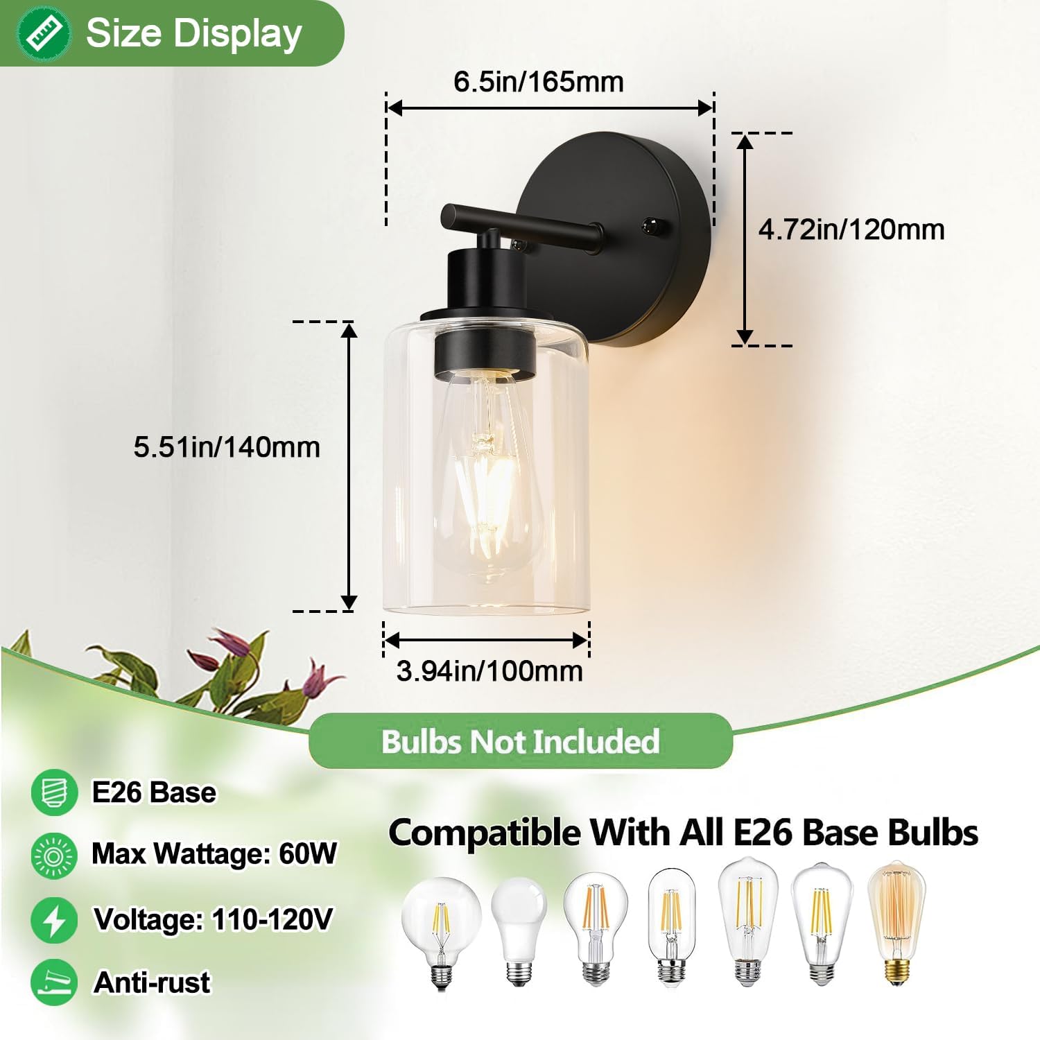 Zarbitta Set of 2 Wall Sconces for Bathroom,Black Modern Vanity Lights with Clear Glass Shade,Bathroom Wall Lamp for Mirror Kitchen Living Room Hallway Cabinet Porch - Image 8